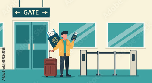 Man Traveling With Suitcase And Passport At The Airport Departure Gate