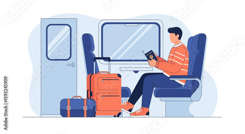 Man Travels By Train Enjoying The Journey With Passport And Luggage