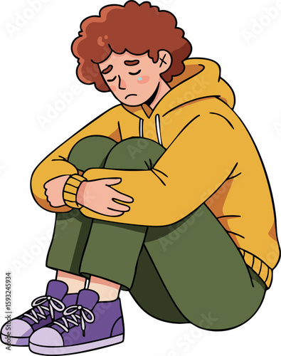 Sad young man sitting curled up hugging knees wearing yellow hoodie and purple shoes vector illustration