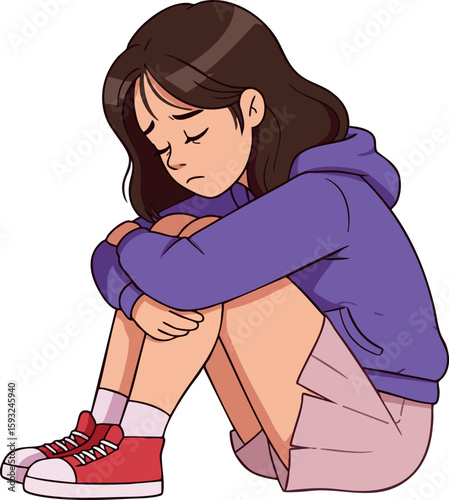Sad young girl sitting hugging knees feeling lonely and thoughtful in purple hoodie and red shoes vector illustration
