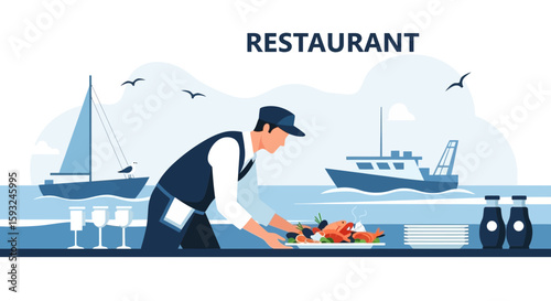 Elegant Seafood Restaurant Coastal Scene with Waiter and Ocean Backdrop Illustration