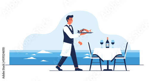 Elegant Seaside Dining Waiter Serving Fish At A Waterfront Restaurant