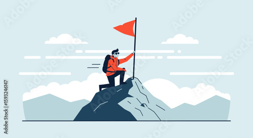 Illustration Of A Hiker Reaching The Mountain Peak With Red Flag