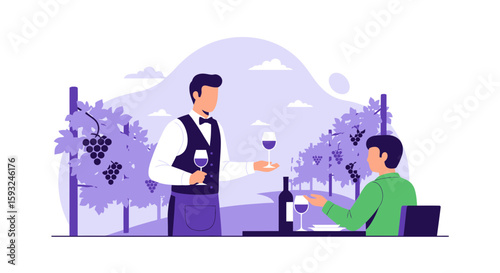 Elegant Service At Vineyard With Professional Sommelier Offering Fine Wine Glass