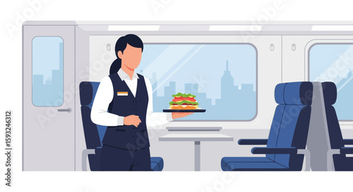 Elegant Train Dining Service With Waitress Serving Sandwich For Convenient Travel Experience
