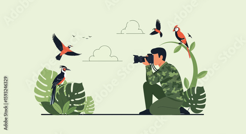 Illustrative Bird Photography In Exotic Jungle Paradise With Camouflage Photographer