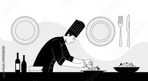 Illustrative Gastronomy Chef Preparing Exquisite Dishes In A Restaurant Or Culinary School