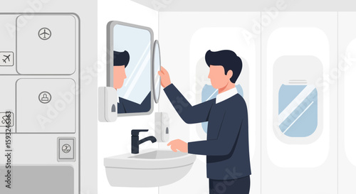 Man Using Lavatory Inside Airplane During Flight For Personal Hygiene Routine