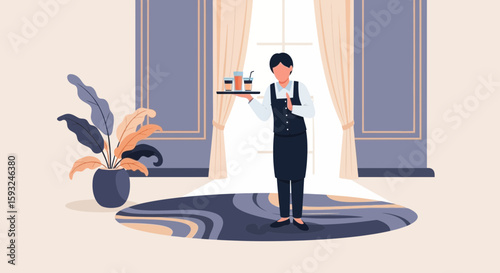 Elegant Waiter Carrying Refreshments In A Luxurious Room With Ornamental Plant