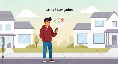 Man Using Mobile Application For Navigation In Suburbia Community Area