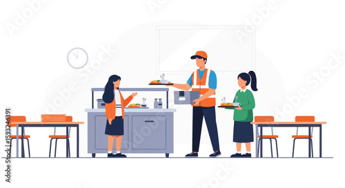 Illustrative View Of Students Queueing In School Cafeteria With Staff