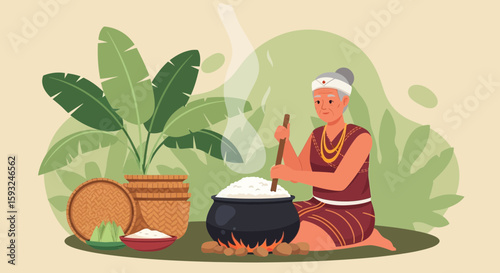 Indigenous Woman Preparing Traditional Cuisine Over Open Fire In Rural Setting