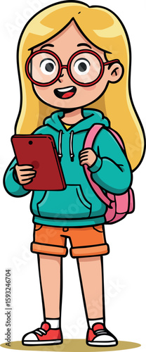 Girl with tablet wearing glasses backpack and casual clothes holding device digital technology vector illustration