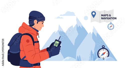 Man Using Navigation Device During Winter Hike in Mountain Landscape