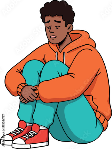 Sad young man sitting with knees hugged wearing orange hoodie and teal pants vector illustration