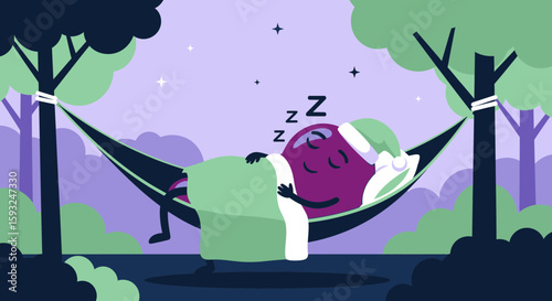 Funny Fruit Taking A Nap In The Hammock On Trees Outdoor At Night