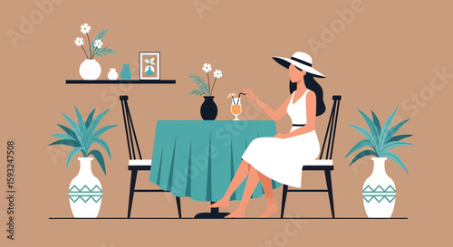 Elegant Woman Enjoying Cocktail In Quiet Cafe Setting In Stylized Illustration