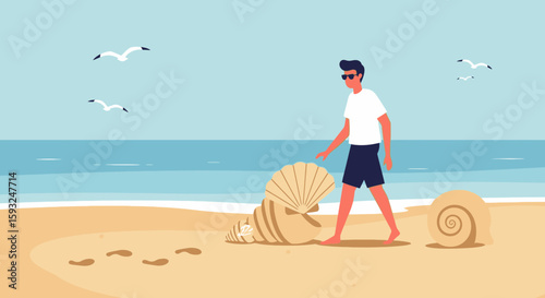 Man Walking on Beach with Seashells and Seagulls Summer Vacation Scene