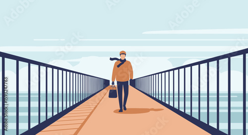 Man Walks On A Bridge Towards The Horizon With Minimalist Style