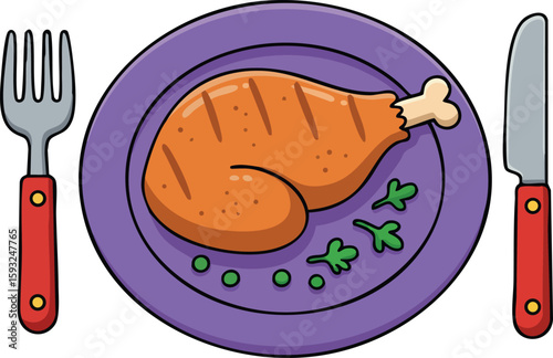 Roasted chicken leg with fork and knife on purple plate colorful vector food illustration for menu or recipe design