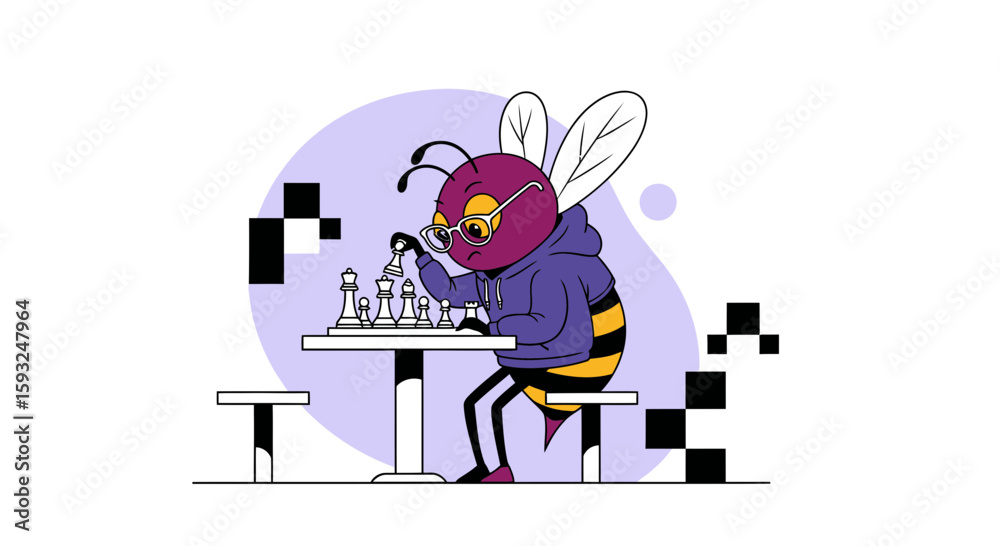 Obraz premium Intelligent Bee Plays Chess Wearing Glasses And A Hoodie