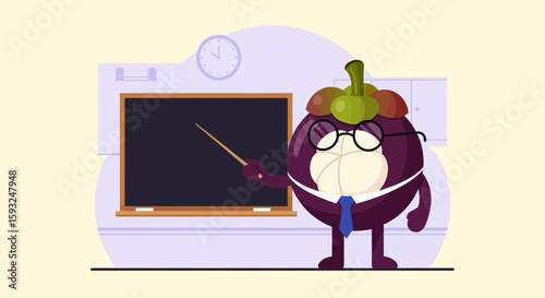 Funny Mangosteen Teacher Character Explaining Lesson On Blackboard In Classroom
