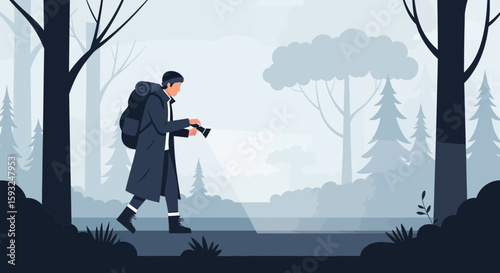 Man With Flashlight Exploring Misty Forest Landscape With Backpack Flat Vector