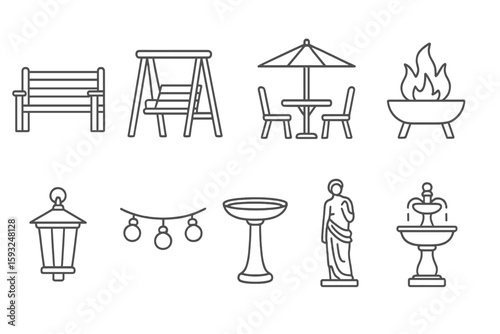 Outdoor garden line icon set. patio, furniture, decor, lighting, nature line collection