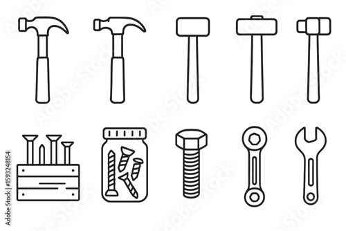 Construction tools icon set. hammer, wrench, linear icons collection