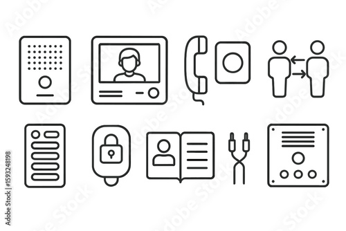 Communication and security linear icon set: intercom, phone, lock, cable icons collection