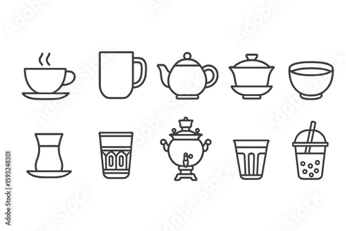 Tea and coffee outline icon set. hot beverages, cups and pots line collection