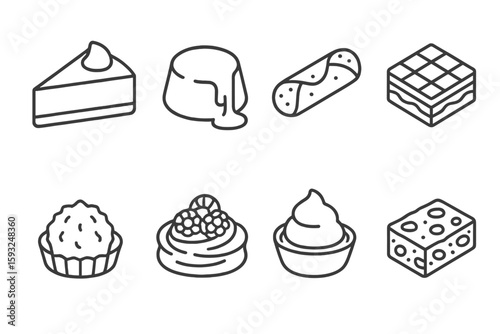 Dessert and pastry outline icon set. sweet treats, bakery, candy, confection icons
