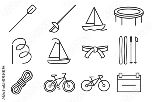 Sports and fitness line icon set. cycling, sailing, jump rope, martial arts outlines