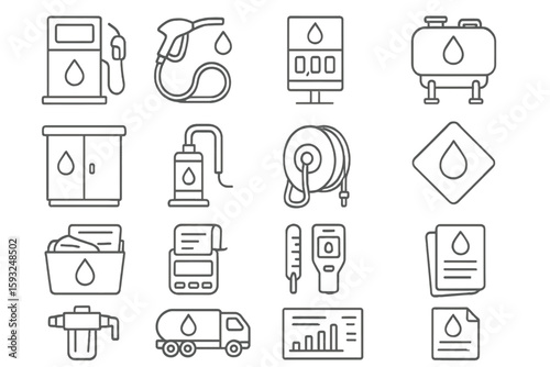Petroleum and gasoline line icon set: fuel and gas station equipment outline collection