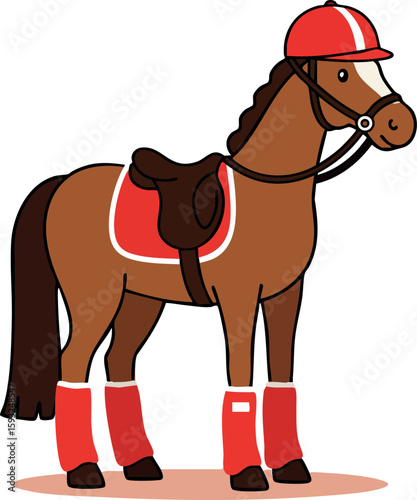 Horse with protective riding gear and helmet in brown and red vector illustration for equestrian sports activities