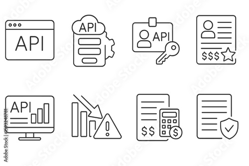 Api development outline icon set. web services, cloud integration line collection