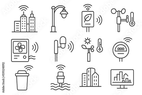 Smart city sensor outline icon set. technology, wireless network, environment icons
