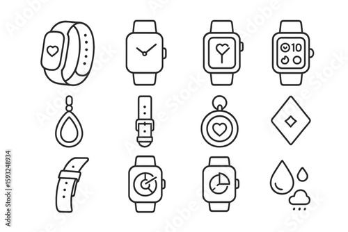 Watch and jewelry outline icon set. accessories, wearable design, elegant collection