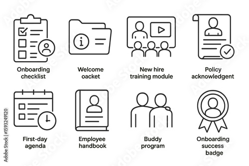Onboarding icon set. linear style for checklist, training, policy, and more
