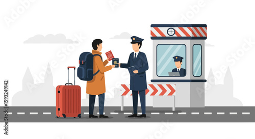 International Border Control Security Check Point With Officer And Tourist