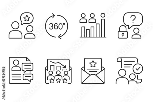 Communication and feedback outline icon set. messaging, evaluation, interaction icons