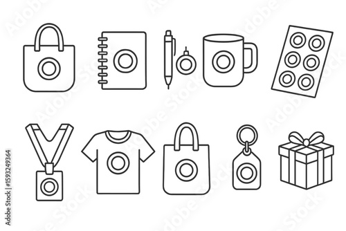 Promotional merchandise linear icon set. t-shirt, mug, bag, gift in outline style