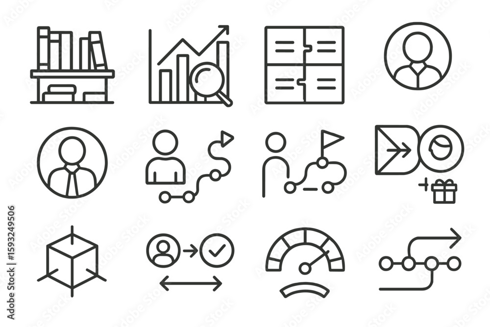 Fototapeta premium Business and workflow icon set for linear processes and organization strategies