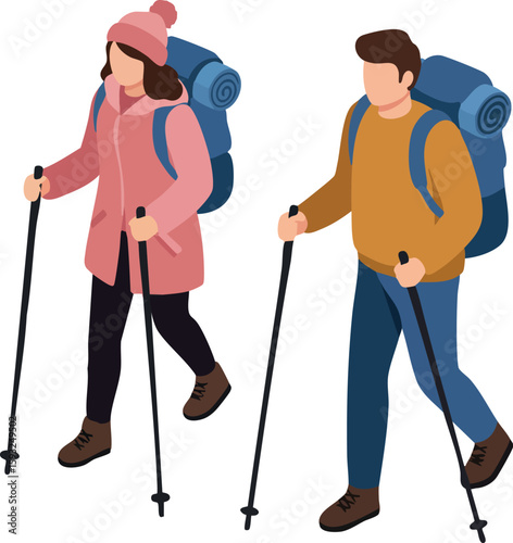 Backpacking couple trekking with poles in warm clothing hiking outdoor adventure activity vector illustration