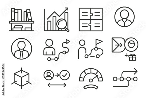 Business and workflow icon set for linear processes and organization strategies