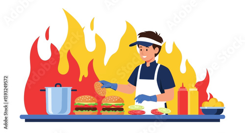 Energetic Burger Chef Prepares Mouthwatering Creations With Fiery Backdrop Illustration
