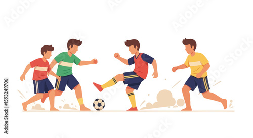 Energetic Football Match Young Players Kicking Ball During Game Sport Illustration