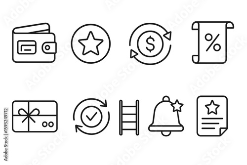 Finance and rewards outline icon set. payment, loyalty symbols for business use