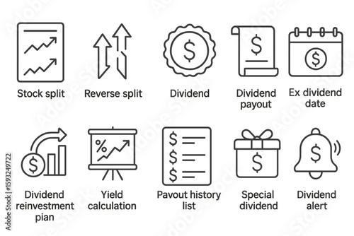 Finance and investment line icon set. stock split, dividend, yield calculation icons