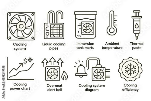 Cooling systems line icon set. thermometer, fan, pipes, gauge, efficiency graphics